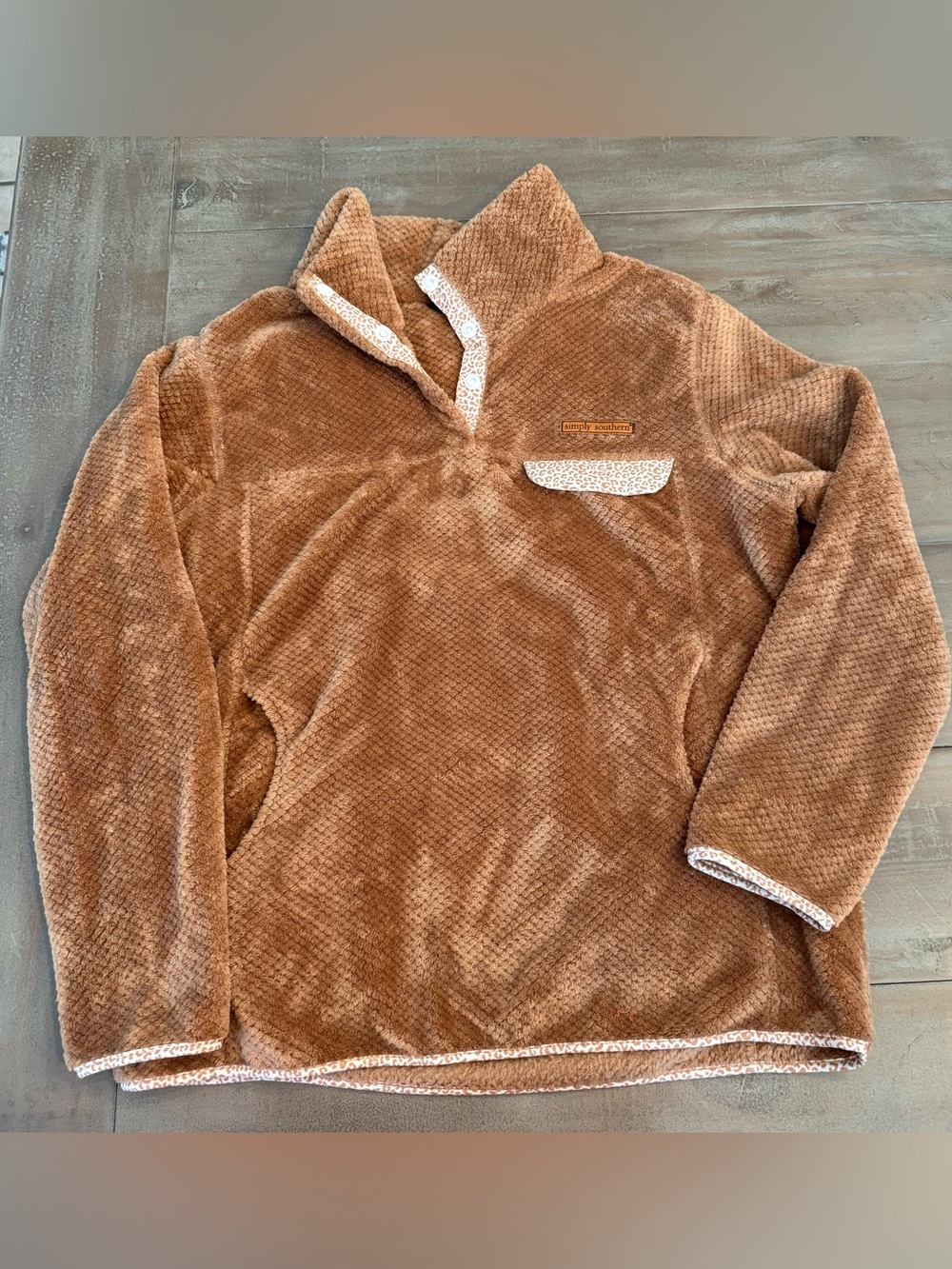 Simply Southern 1/4 Snap Pullover Fleece M Brown Leopard Trim With Pocket Preown